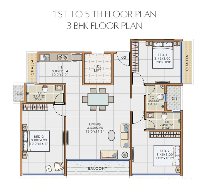 1st to 5th Floor Plan (3 BHK)